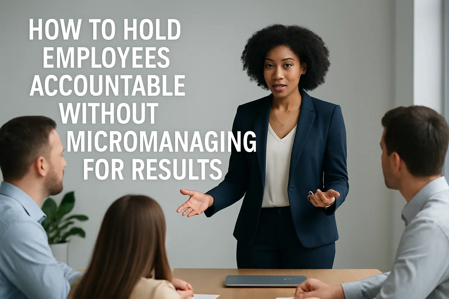 Presenter in a navy suit speaks to three coworkers in a meeting; large headline reads: 'How to hold employees accountable without micromanaging for results'