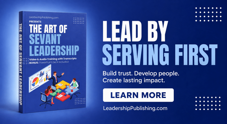 Blue banner ad showing the book 'The Art of Servant Leadership' and the headline 'Lead by Serving First' with a Learn More button.