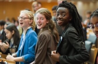 Group of smiling students at a conference or classroom, standing by desks and engaging with each other.