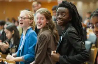 Group of smiling students at a conference or classroom, standing by desks and engaging with each other.