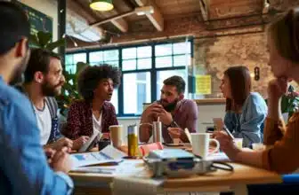 Group of diverse coworkers around a wooden table in a brick-walled, bright coworking space, actively discussing ideas with papers and laptops nearby on the table.