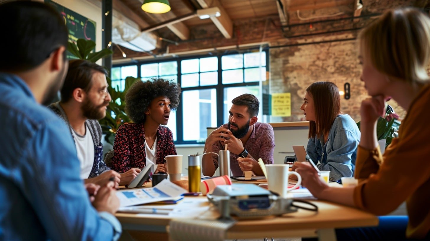 Group of diverse coworkers around a wooden table in a brick-walled, bright coworking space, actively discussing ideas with papers and laptops nearby on the table.